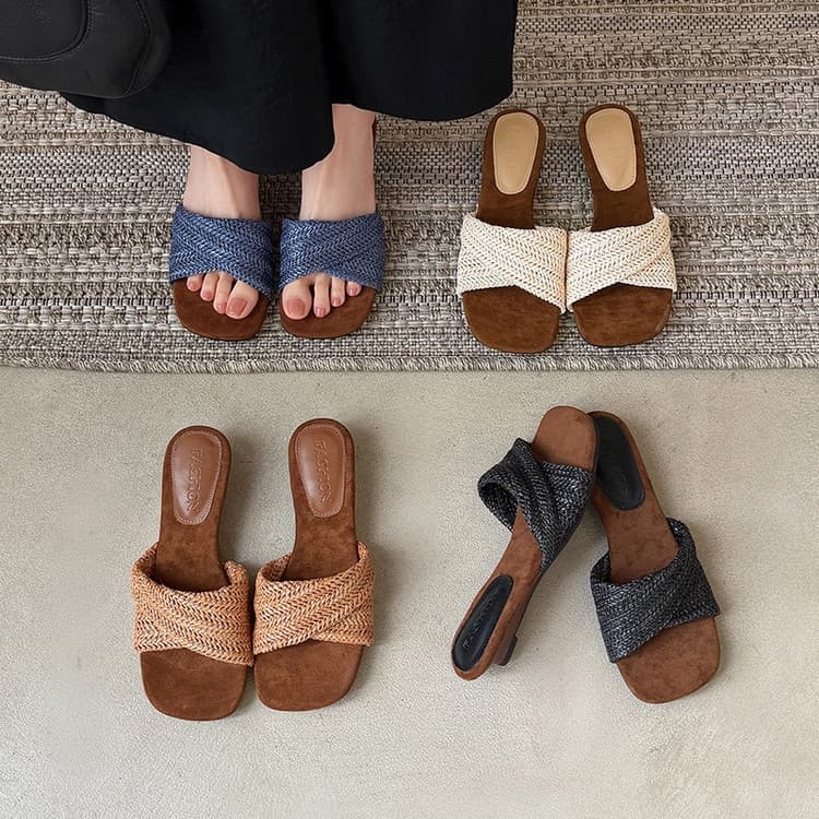 Raffia Flat Slide Sandals for Women Low Heel Summer New Comfortable Sweat-Absorbing Velvet Open-Toe Vacation Sandals