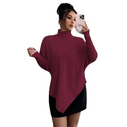 Amazon 2026 Elegant Design Asymmetric Knit Look Plush Ribbed High Neck Versatile Women's T-Shirt