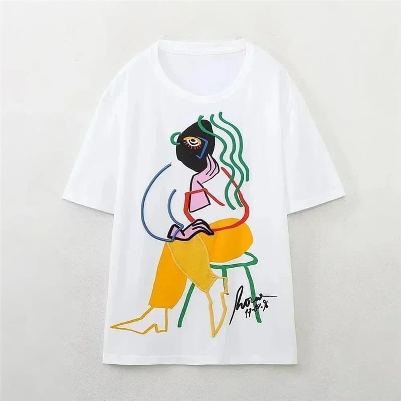 Large Size Cotton Women's T-Shirt Summer O-Neck Short Sleeve Street Style Y2K Top Quality Material Comfortable Fit Fashionable D