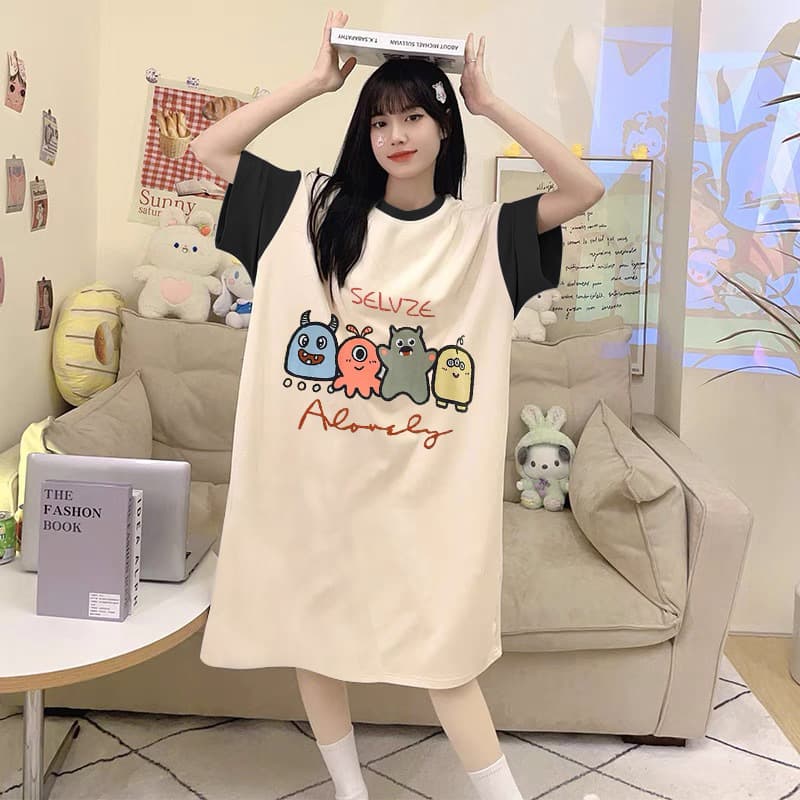Cross-border Trade Sleep Dress Women Summer Cartoon Little Monster Short Sleeve Midi Dress Sweet Cute Style Wearable at Home