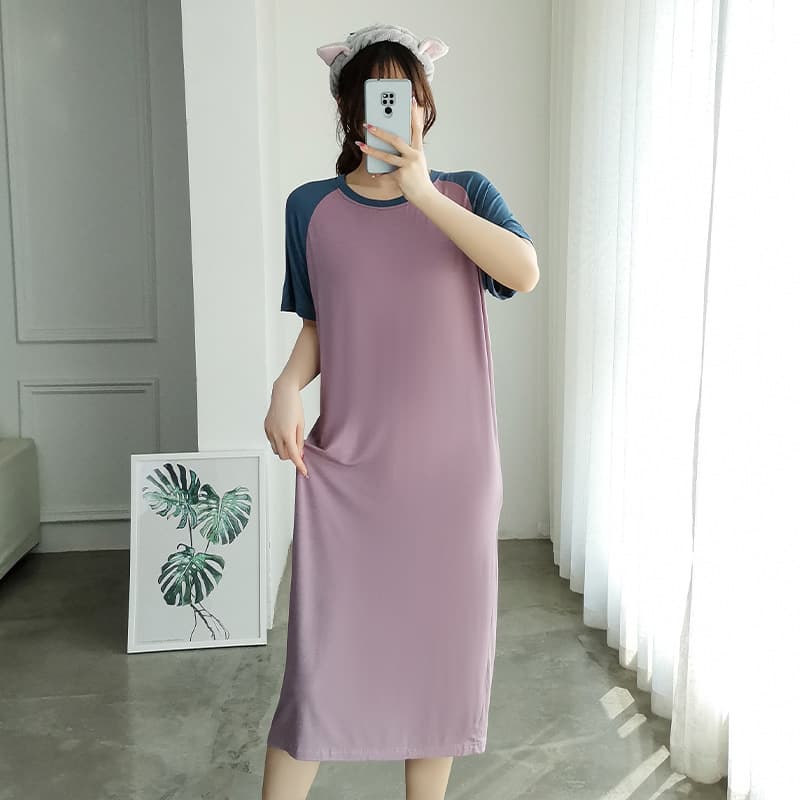 Modal Sleep Dress for Women Summer Loose Plus Size Knee-Length Midi Short Sleeve Thin Casual Home Dress