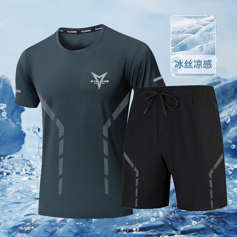 2026 Summer Men's Sport Casual 2-Piece Fitness Running Training Breathable Ice Silk Cool Stretch Short Sleeve Set
