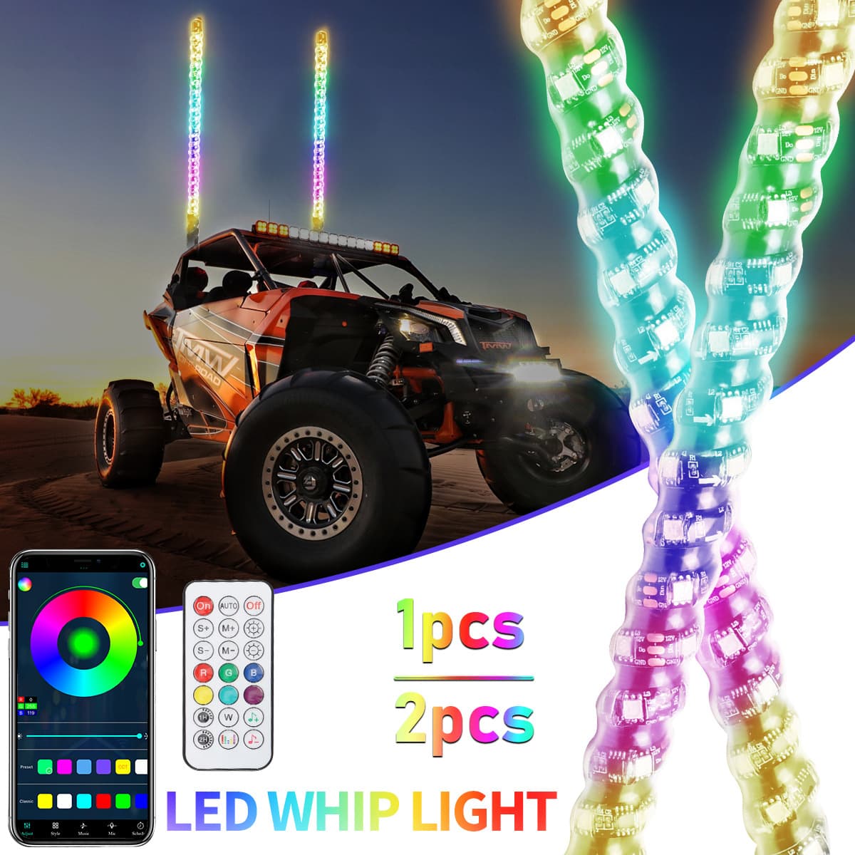 Off-Road Vehicle LED Flag Pole Light, Trunk Warning Light, Car Spiral Running Decoration Light, SUV Antenna Light