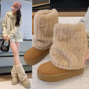 2025 Winter New Cross-Border Thick Sole Tube High Top Furry Snow Boots for Women High Top Patchwork Export Stacking Sock Boots