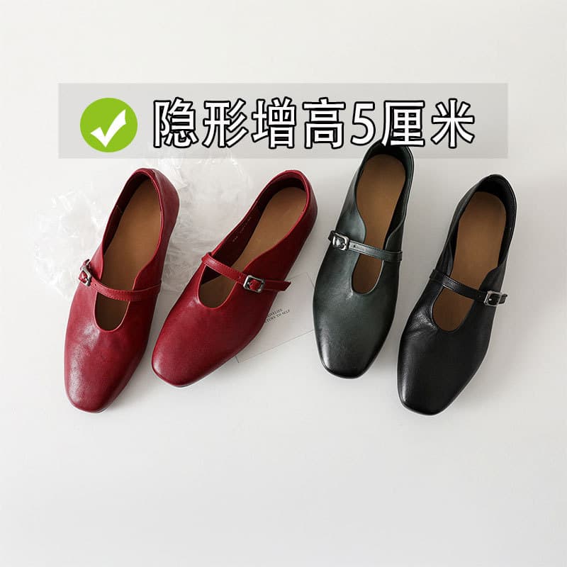 In Stock~French Square Toe Shallow Mouth Flats for Women Summer Inner Height Increase Buckle Versatile Vintage Grandma Shoes