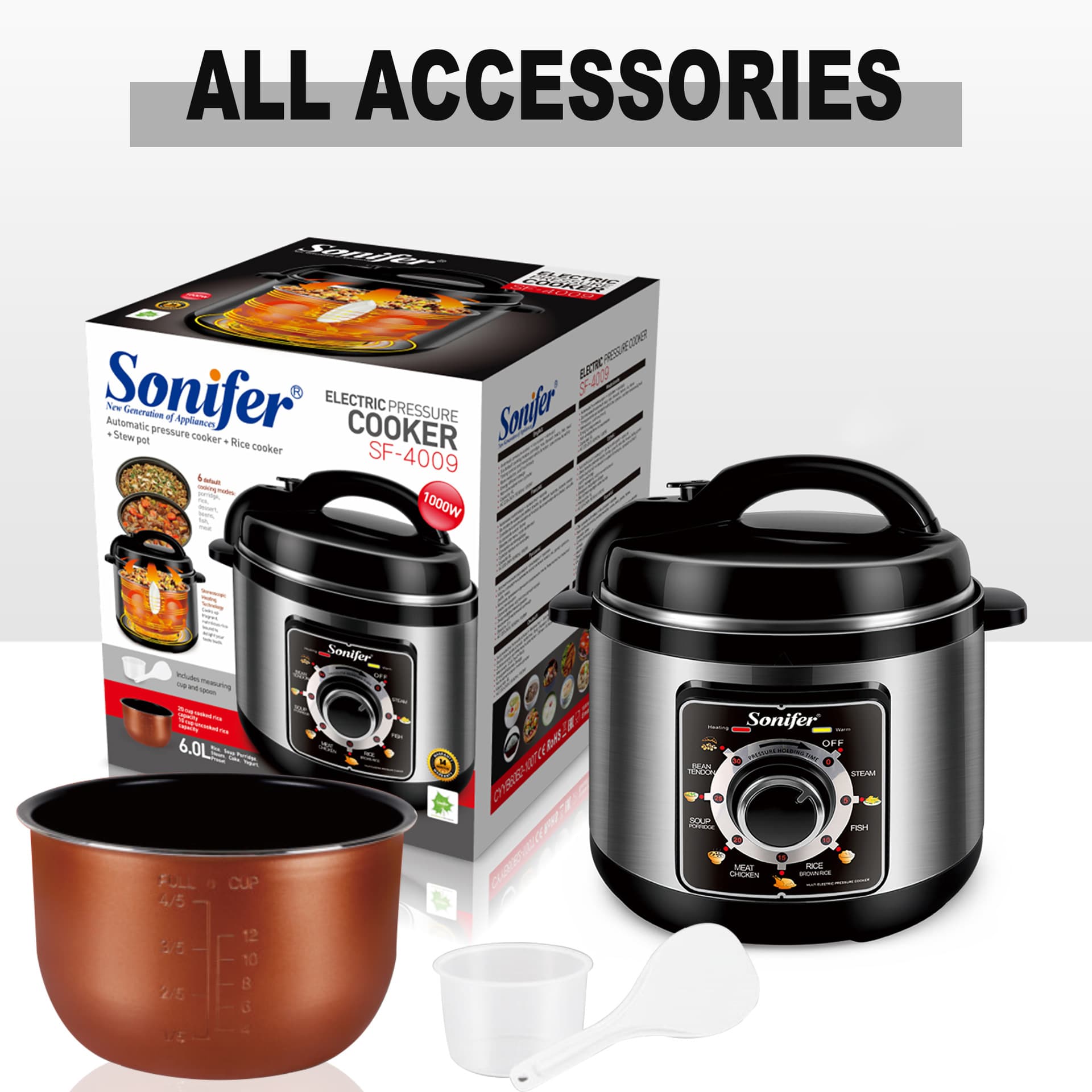 Sonifer Home Multi-Function Touch Screen Electric Pressure Cooker 6L 1000W Rice Cooker Steamer SF-4009