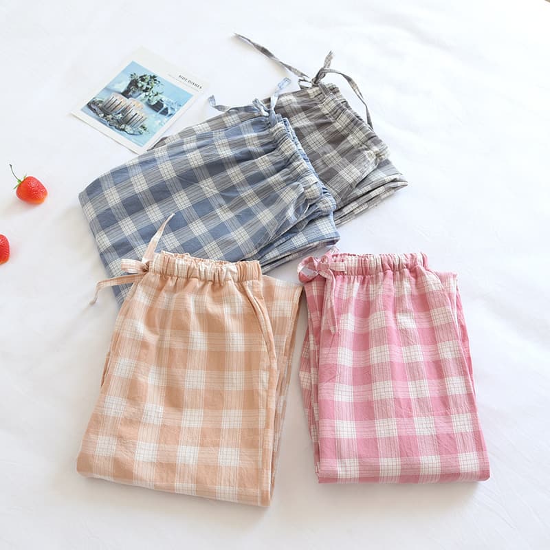 Summer Washed Cotton Single-Layer Cotton Couple Pajama Pants Straight Leg Home Pants with Pocket Drawstring Simple Plaid