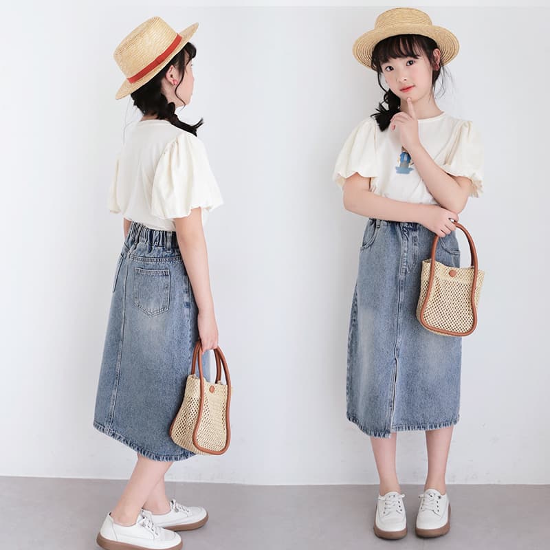 Korean-style Girls' Vintage Denim Skirt 2026 Spring/Summer Mid-to-Large Kids Soft Denim Split Skirt IN