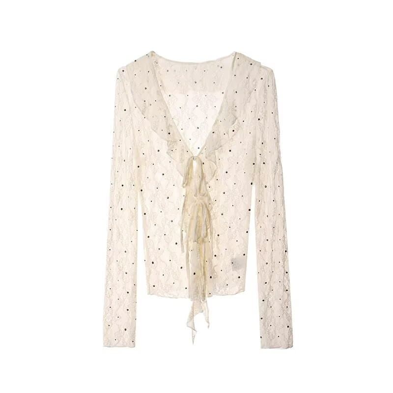 Cross-border Source 2025 Autumn New European and American Style Fashion Design Semi-Transparent Rivet Lace V-Neck Long Sleeve Top