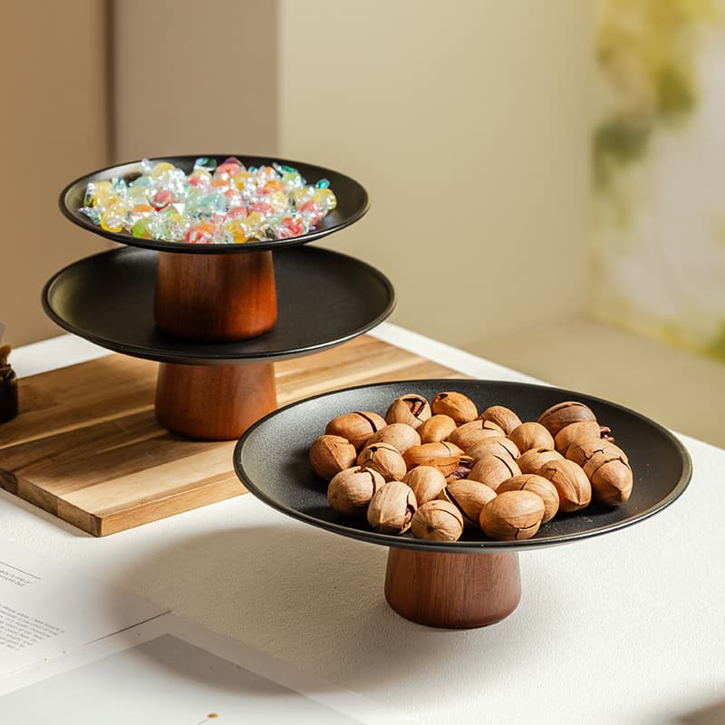 Black tall tea tray coffee table snack rack display plate high-end stainless steel fruit tray household commercial tray