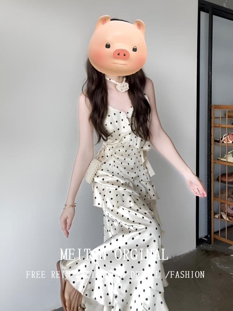 Ruffle Hem 2026 Pure Desire Women's French Style New Waist-Slimming Polka Dot Strappy Dress for Spring and Summer Slimming and Lengthening