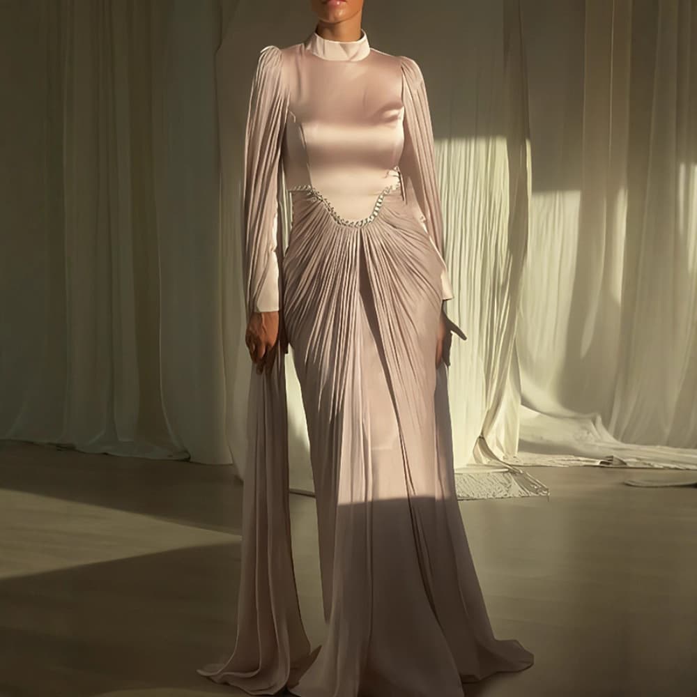 European and American Women's Elegant Fashion Pleated Stand Collar Rhinestone Spliced Evening Dress, High-End Celebrity Temperament Light Luxury