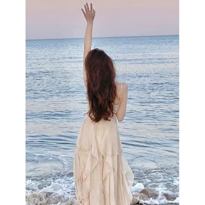 French Fairy Sea Vacation Dress Champagne Color Tie Cardigan Two-Piece Set Women's Camisole Long Dress