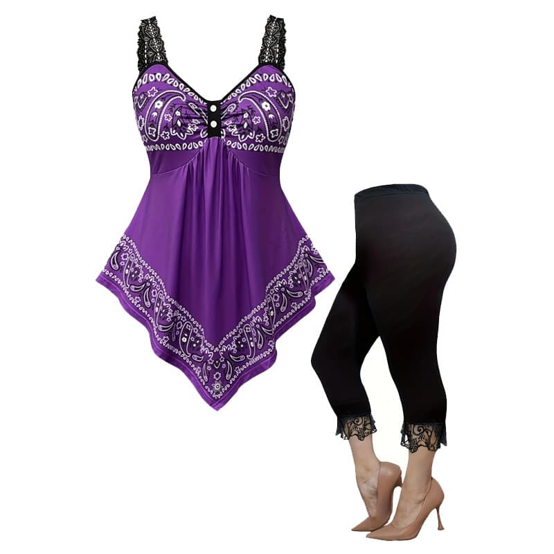 Plus Size Women Lace Fashion Print Top and Lace Patchwork Pants Casual Daily Two-Piece Set