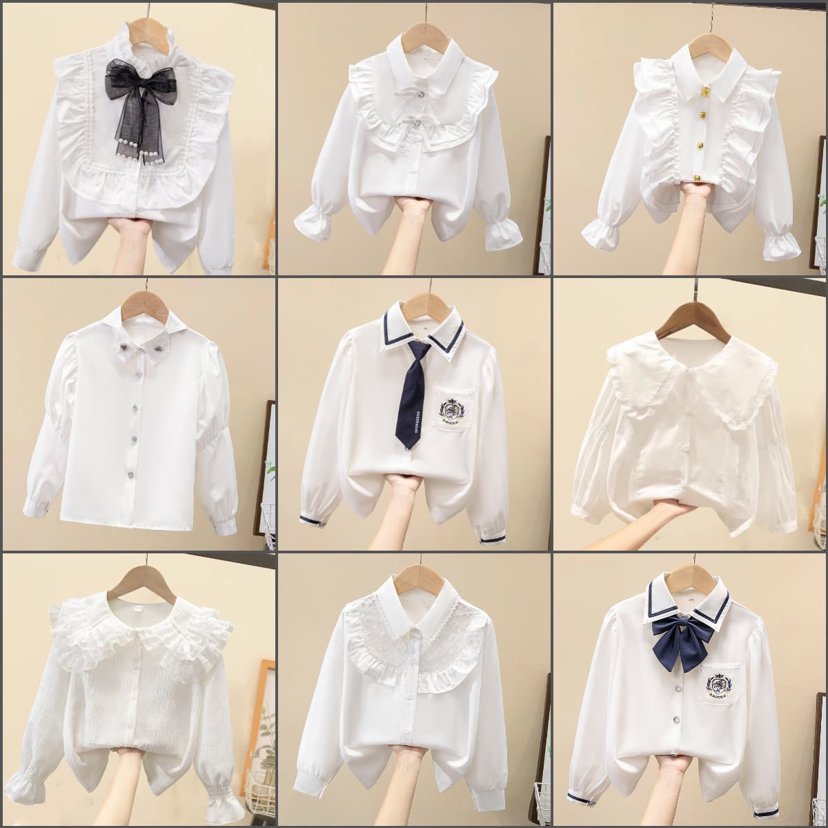 2025 New Girls' Long Sleeve White Shirt with Lace for Spring/Autumn Uniforms and Performances