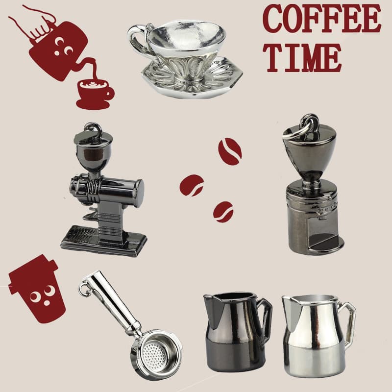 Miniature Coffee Tool Metal Keychain 3D Coffee Keyring Coffee Shop Small Gift Coffee Accessories