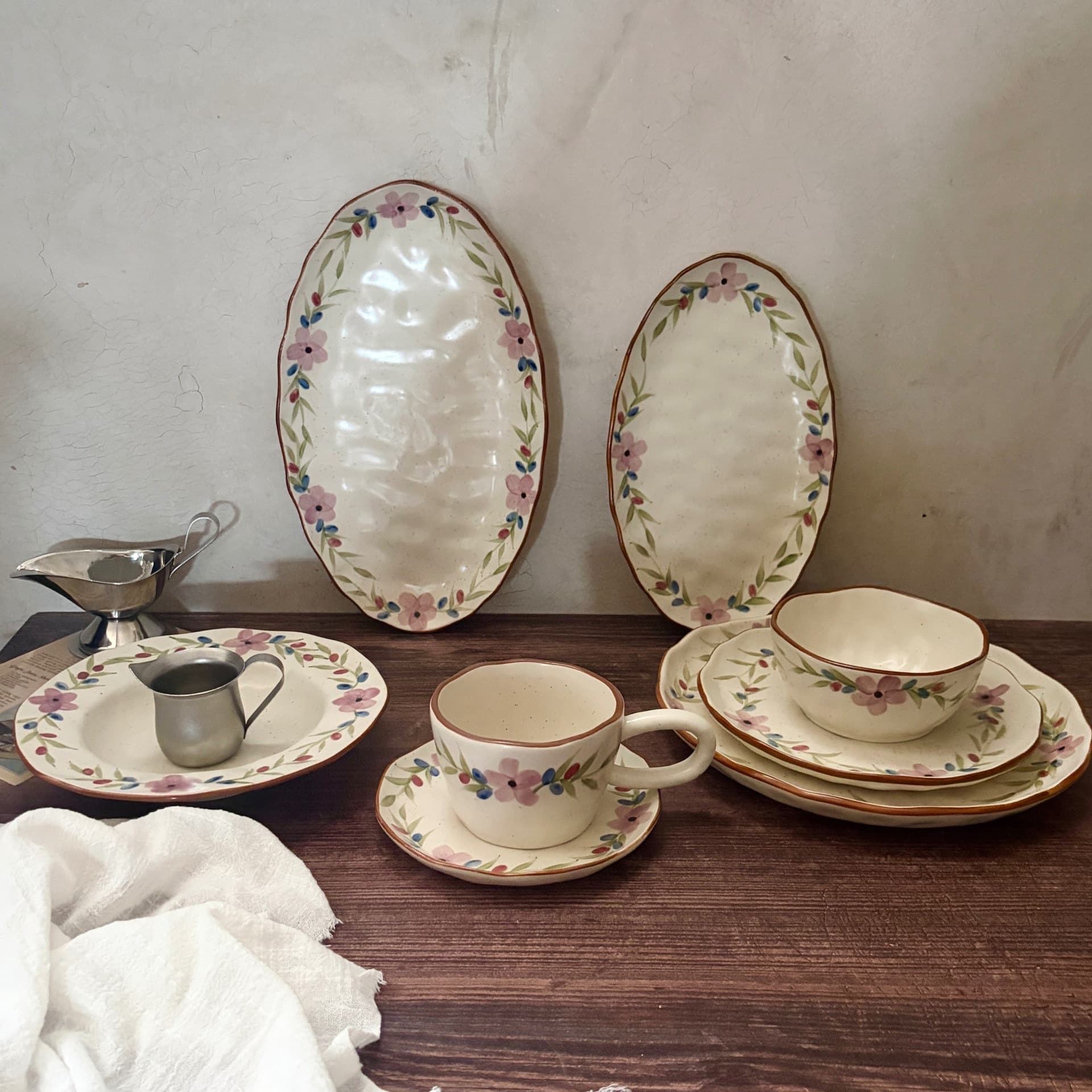 French Hand-Painted Sesame Glaze Purple Flower Vine Vintage Ceramic Plate, Coffee Cup and Saucer, Oval Platter, Fruit Bowl