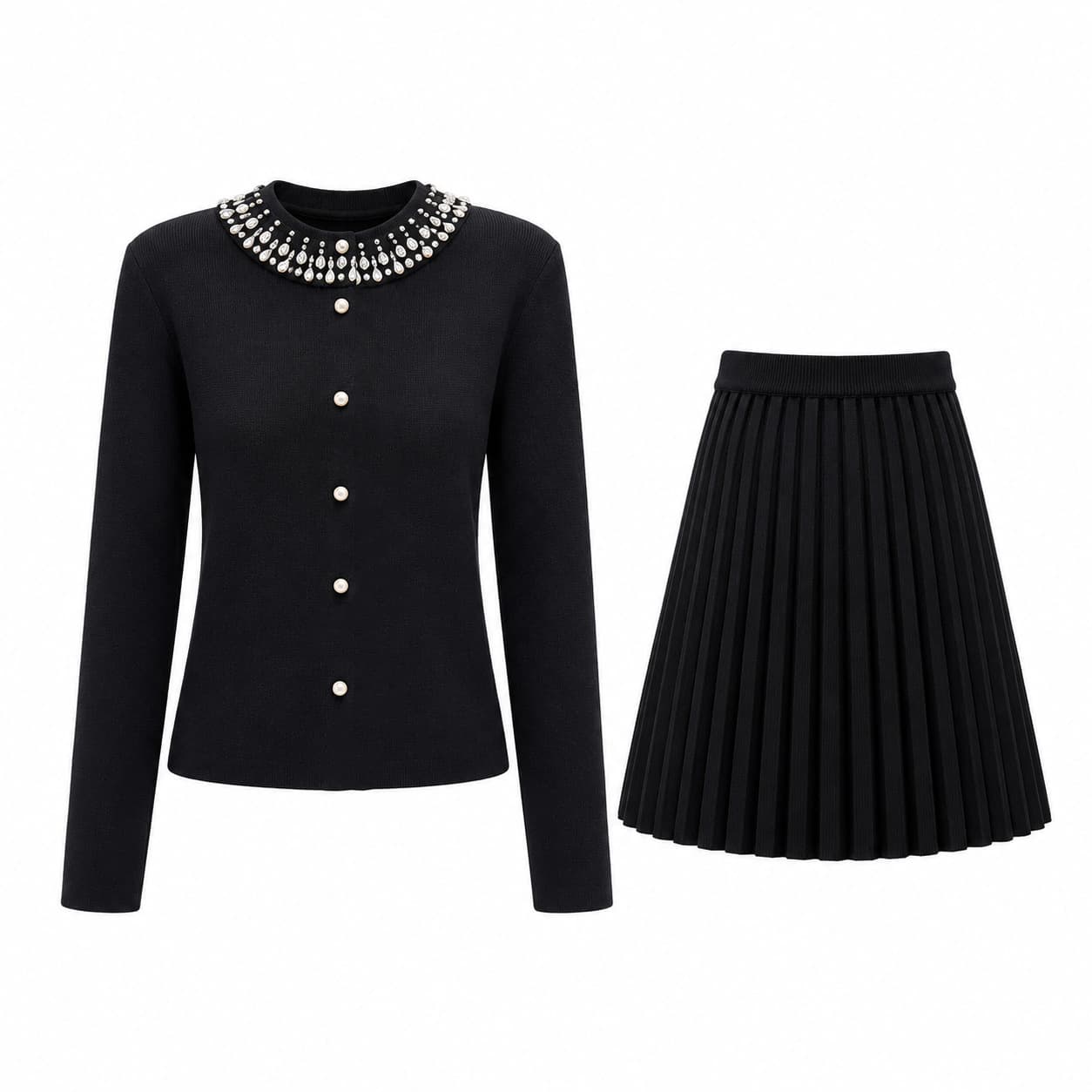 Crystal Button Round Neck Knit Two-Piece Set Women's Elegant Long Sleeve Dress Set