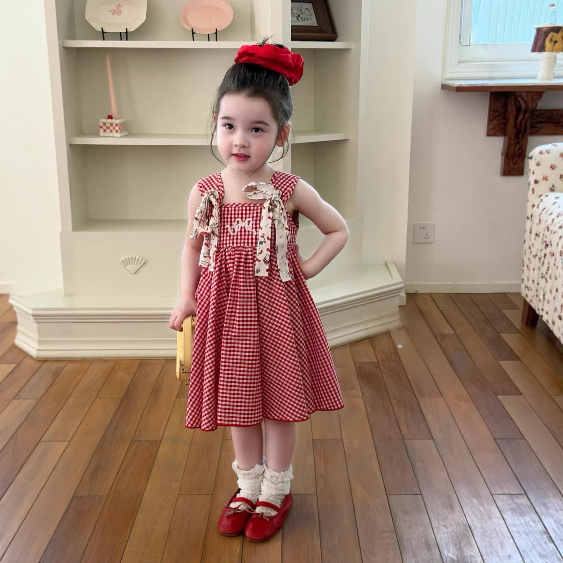 Girls Plaid Vest Dress Summer 2026 New Dress Bow Tie Strap Dress Sweet Cotton Princess Dress