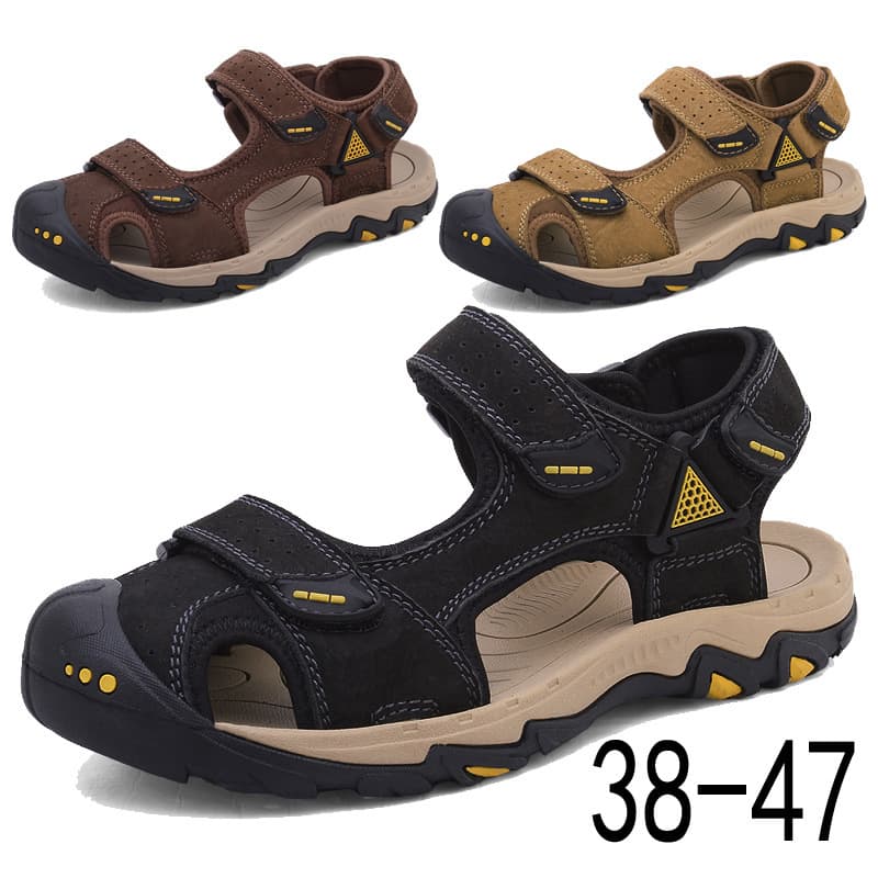 New Large Size Men's Closed-Toe Sandals Outdoor Beach Shoes Top Layer Cowhide Korean Trendy Men's Shoes Black