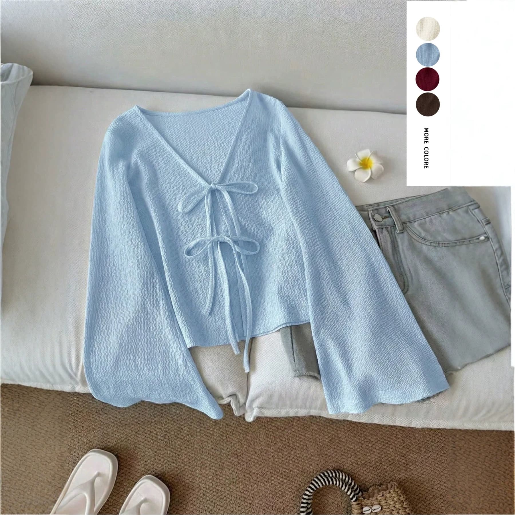 Cross-border Women's Autumn New Tie-knit Cardigan Short Slim Fit Multi-color Outerwear Top Minimalist Style