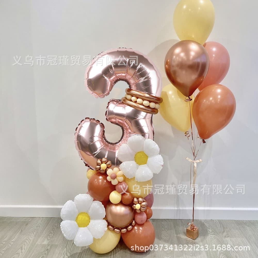 32-Inch Rose Gold Digital Birthday Daisy Flower Theme Girl First Birthday Retro Pink Latex Balloon Set Gift