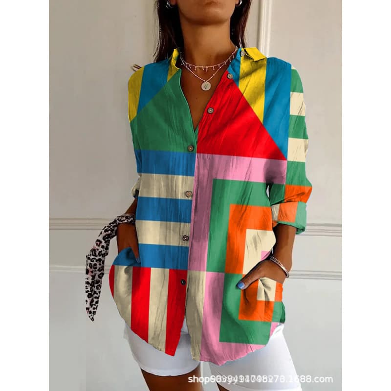 2025 New Amazon Striped Long-Sleeve Shirt for Women, Rainbow Cardigan, Color-Blocking Jacket, Turn-Down Collar, European and American Cross-Border Trade