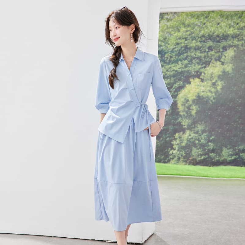 Elegant and Versatile Two-Piece Outfit for Spring and Summer Formal Occasions: Salt-Style Shirt and Skirt Set in Blue for Women