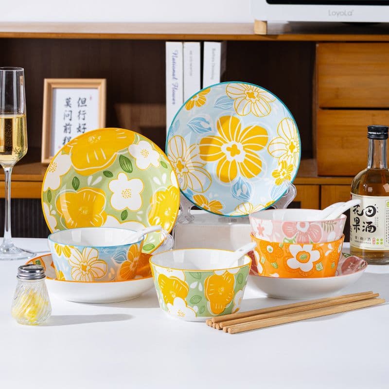 Bowl and Plate Dinnerware Set, Household Ceramic, High Appearance, Rice Bowl and Plate Combination for Family of 4, Under-glaze Color