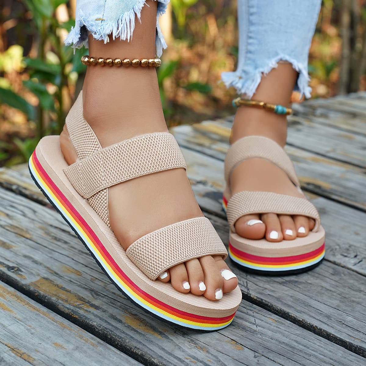 Wholesale sandals women's foreign trade fashion outer wear Rome cross-border rainbow bottom ladies slippers sandals thick sole fashion summer