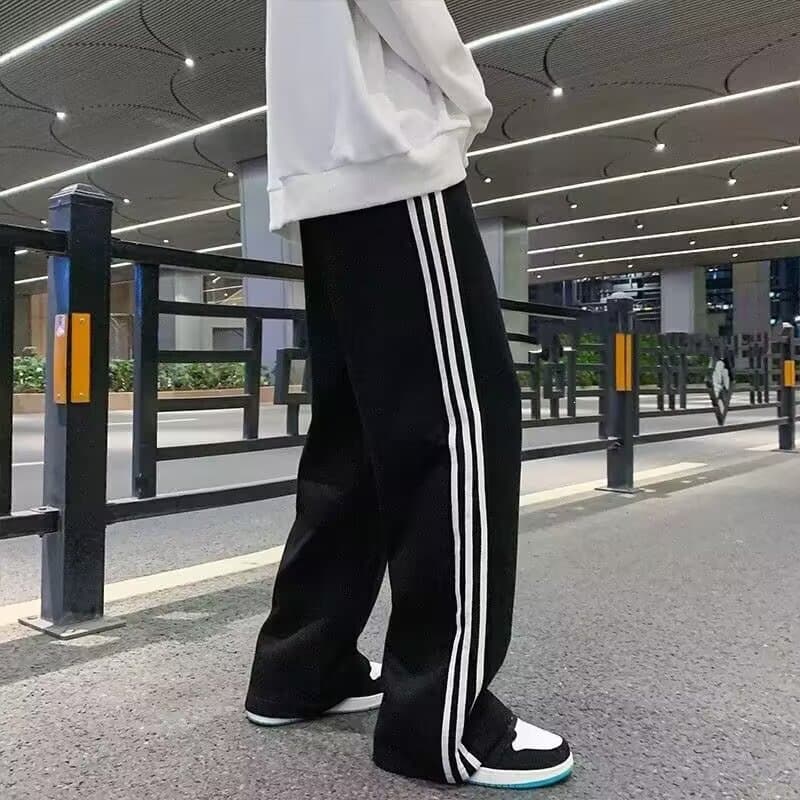 New Three-Stripe Versatile Dropped Straight Casual Pants Black Sweatpants Men American High Street Fashion Brand Loose Fit