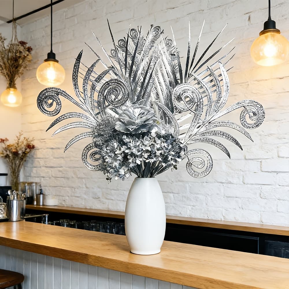 Silver Artificial Flower Bouquet with Silver Pampas Grass, Roses, Hydrangeas, and Luxurious Silver Leaves for Home, Wedding, and Party Decor