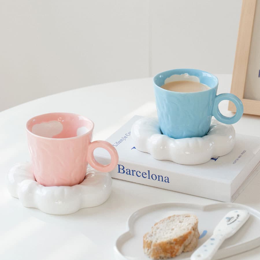 Hand-Painted Ceramic Coffee Cup And Plate Set Cute Girl Cloud Design Afternoon Tea Creative Irregular Shape Pink Blue Color