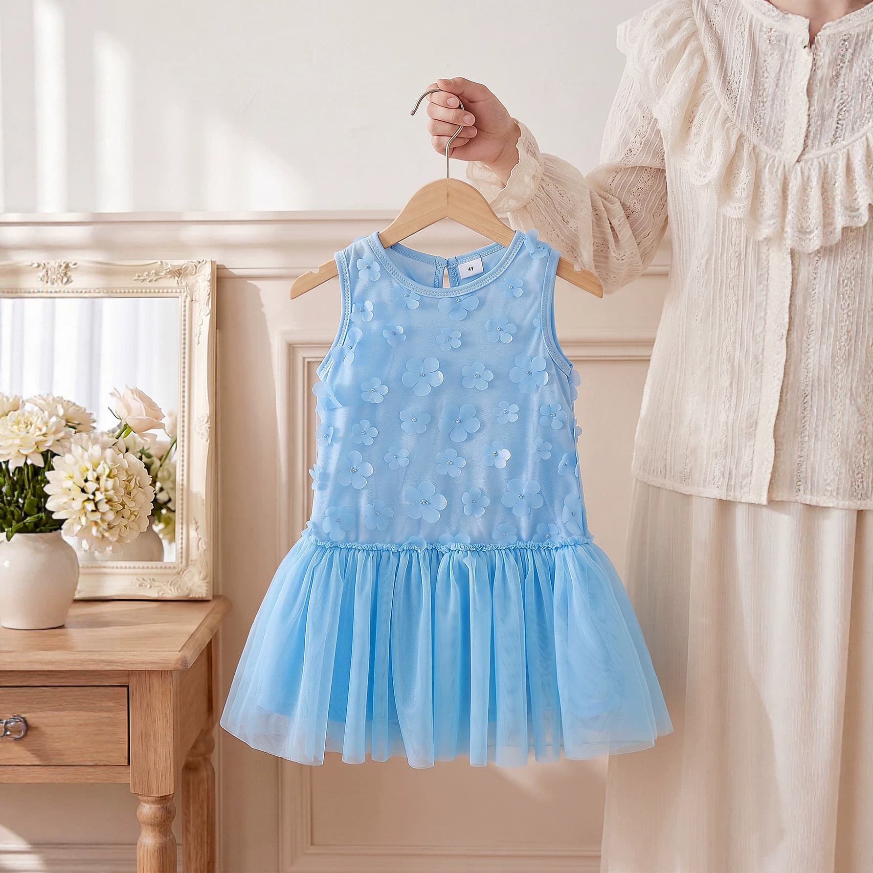 New Summer Girls Blue 3D Floral Sleeveless Mesh Dress Kids Sweet Princess Dress
