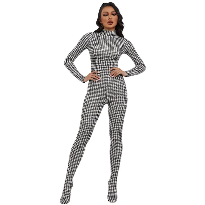 K25Q82561 Cross-border European and American Style 2026 Spring Fashion Print High Neck Long Sleeve Sexy High Waist Slim Fit Jumpsuit