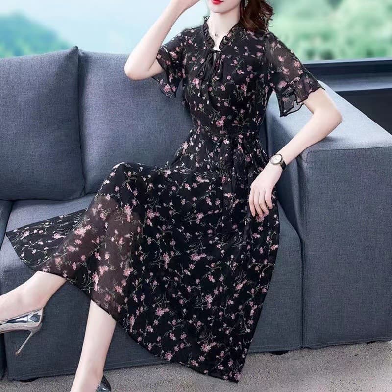 Chiffon Blouse Women Long Sleeve 2025 Spring New Floral Dress Plus Size Fat MM Age-Reducing Base Long Skirt