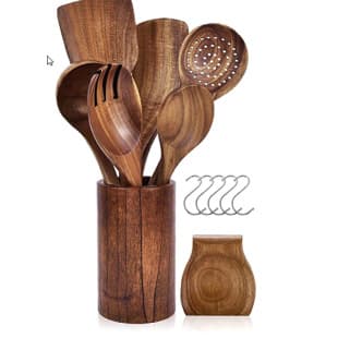 Small Acacia Wood Spatula Non-Stick Pan Wooden Spatula Long Handle Wooden Soup Spoon Small Wooden Rice Scoop Teak Noodle Strainer Slotted Spoon Set