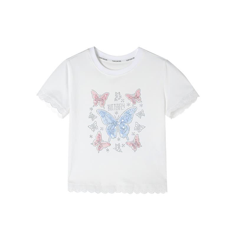 Yuanyuan Princess Children's Wear Girls Short Sleeve T-Shirt 2026 New Summer Kids Lace Trim Undershirt for Older Girls