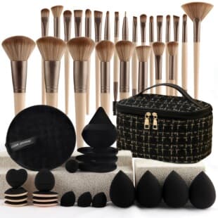 47-Piece Makeup Tool Set with Chanel-Style Cosmetic Bag, Brush Set, Portable Travel Wash Bag, Powder Puff, and Makeup