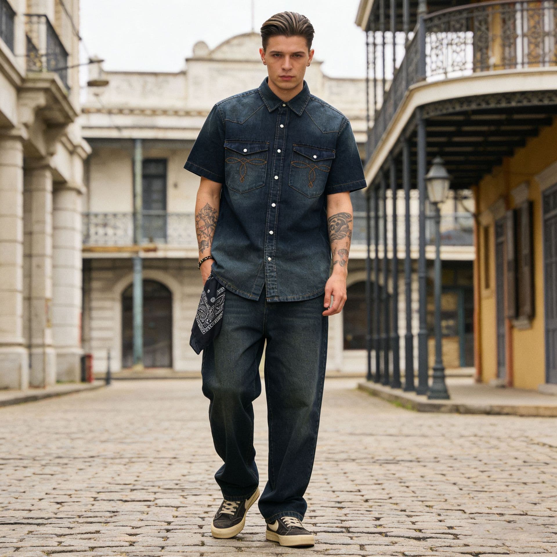 OKONKWO Amekaji American Retro Classic Pocket Flap Washed Short Sleeve Denim Shirt Raw Denim Shirt