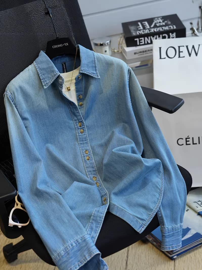 Shi San Meng 2026 Vintage Soft Cotton Denim Shirt for Women Loose Casual Layering Long Sleeve Top Short Jacket Spring