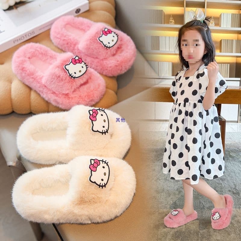 Hello Kitty Plush Slippers, Children's Shoes, 2023 Autumn, Cute Princess Cotton Slippers for Girls