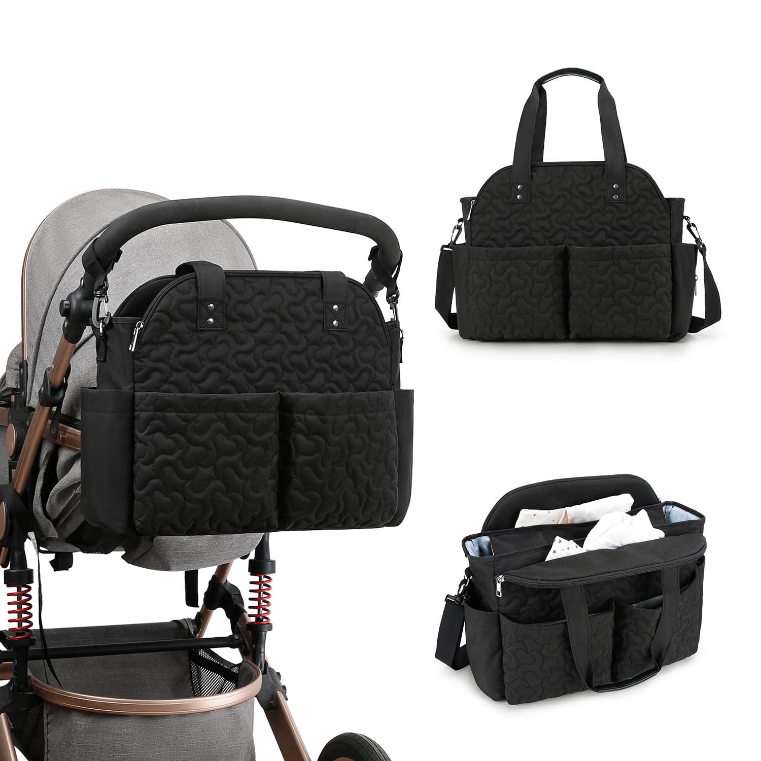 Quilted Shoulder Crossbody Diaper Bag, Multifunctional Waterproof Travel Organizer with Insulated Bottle Pocket, Stroller Bag