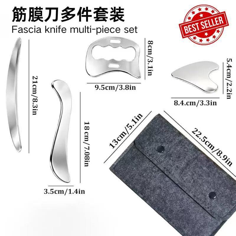 Stainless Steel Fascia Scraper Tool Set Muscle Relaxation Massage Therapy Gua Sha Knife Felt Bag Kit