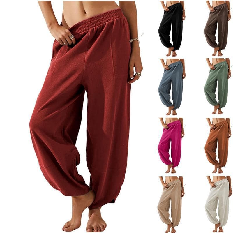 Women's Cotton Wide Leg Pants Elastic Waisted Baggy Loose