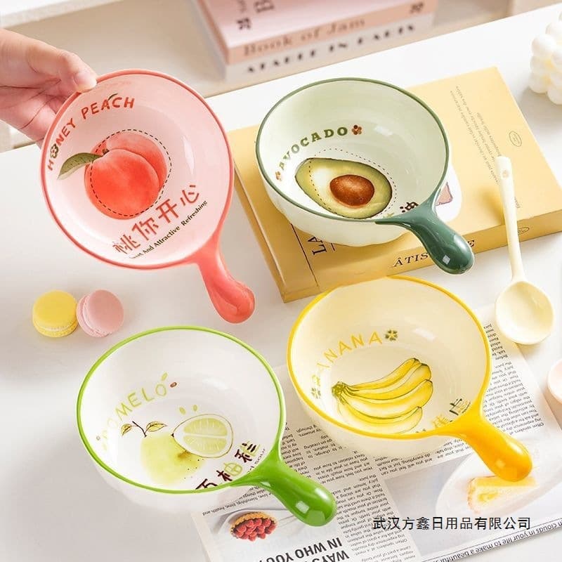 Stylish Ceramic Bowl with Handle, Underglaze Color, Household Rice Soup Dessert Snack Bowl, Heat-Resistant and High-Temperature Safe