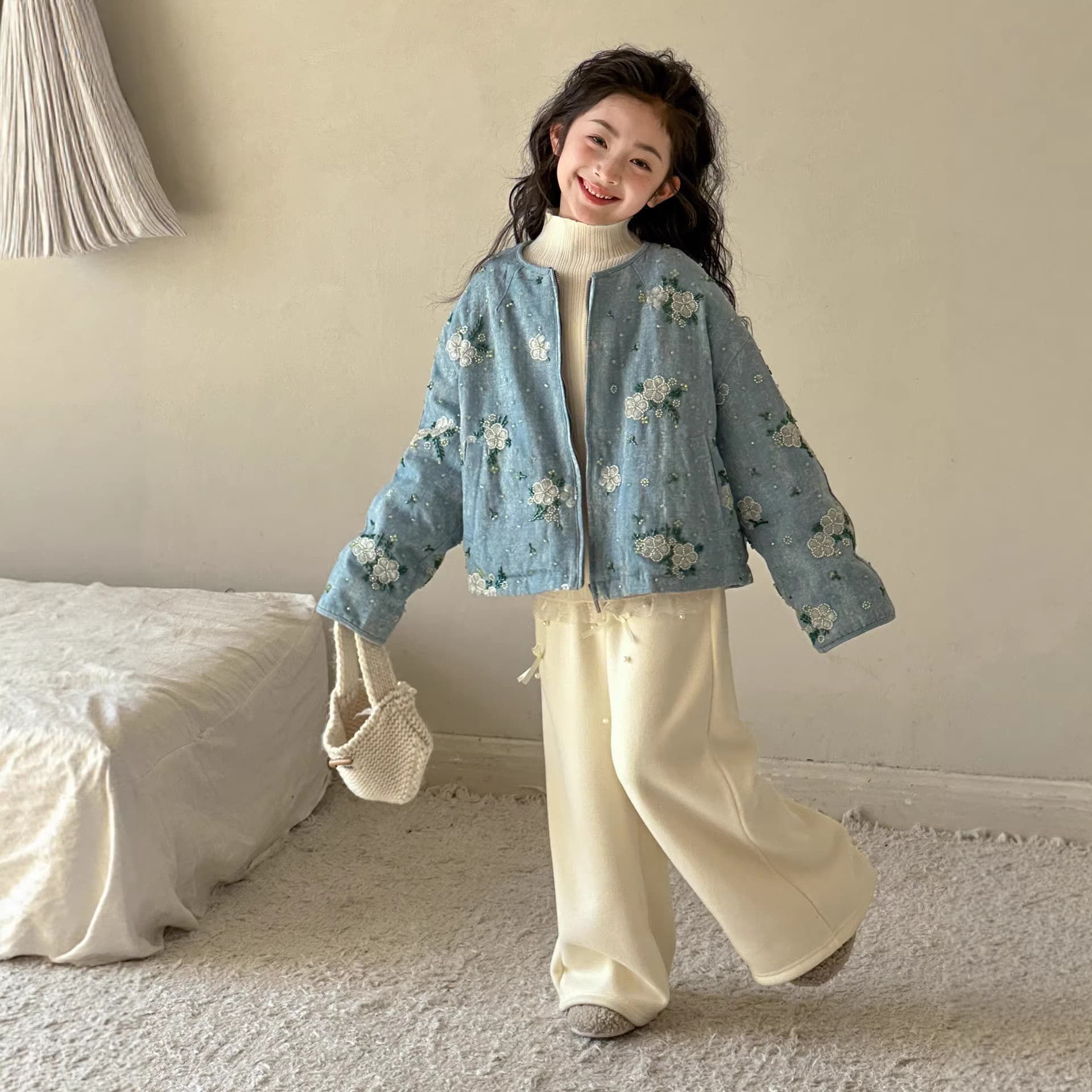 Little Red Fish Girls' Cotton Padded Jacket 2026 Winter New Arrival Winter Thickened Warm Clothing Teenagers Children Denim Jacket