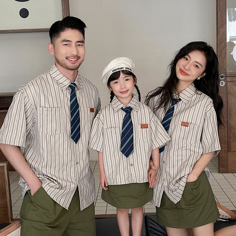 Japanese retro striped tie shirt parent-child wear trendy brand ins summer college style loose and versatile family wear trend