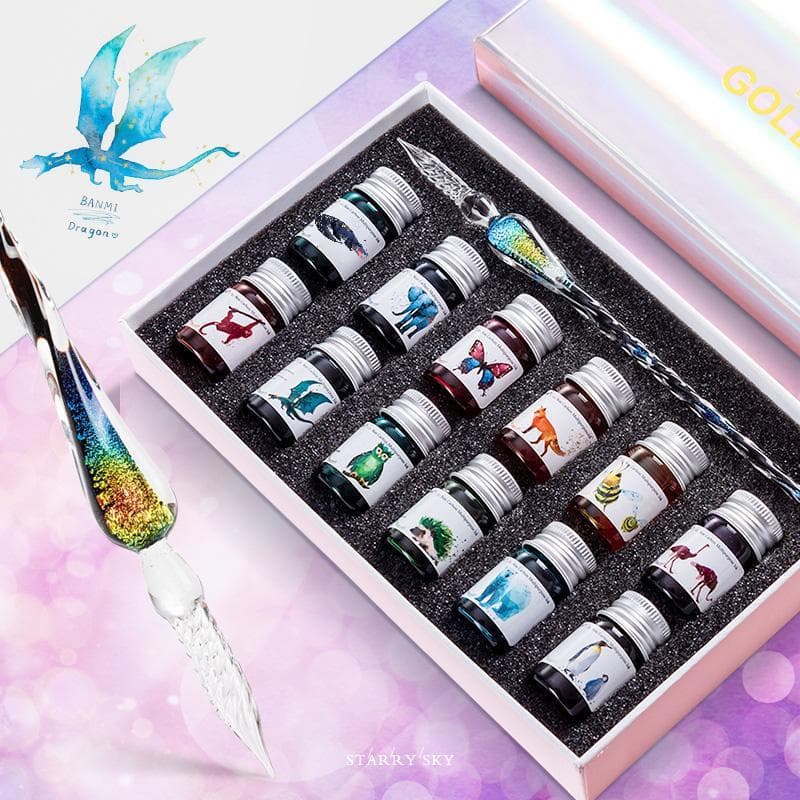 Zhiyu Jingling 12-Color Glass Pen Ink Set - Starry Sky Dip Pen, Calligraphy Pen, Feather Pen Set