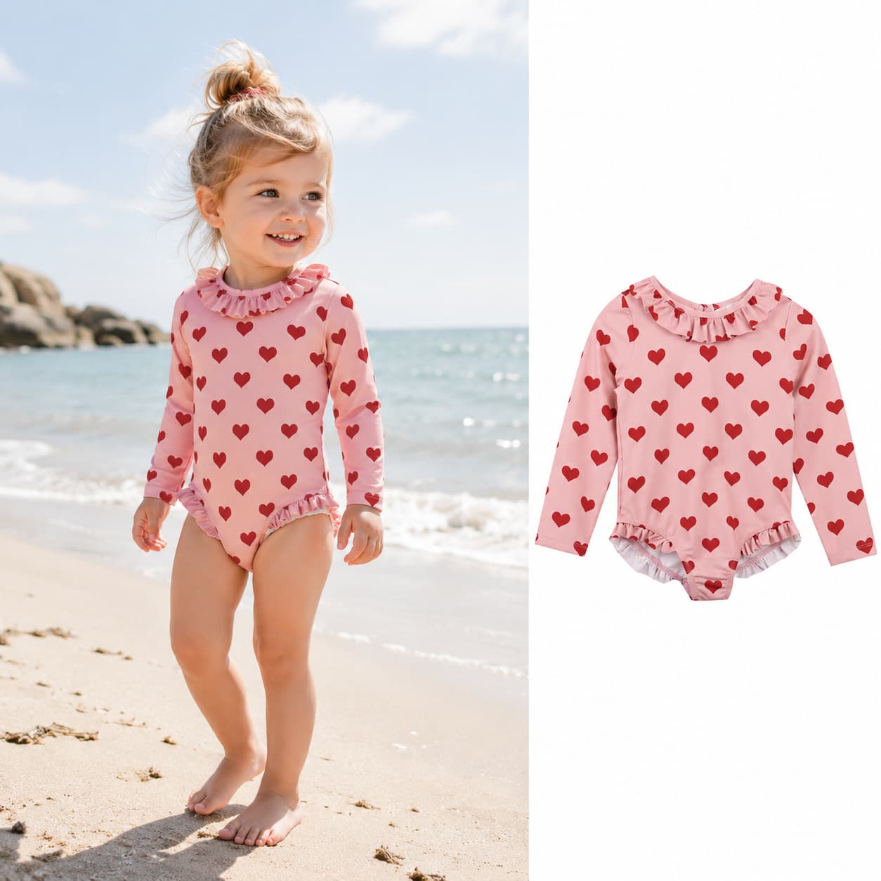 Girls Summer Heart Print Sun Protection Quick-Dry Swimsuit Baby Swimsuit Lace-Up Back Long Sleeve
